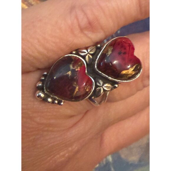Romantic Double Heart Red Stone & Sterling Silver 7.5 Ring - Picture 2 of 5